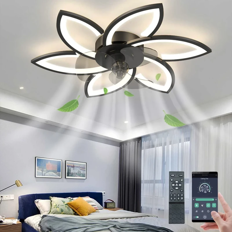 LENIVER 30" Ceiling Fan with Lights Remote Control, Modern Low Profile Flush Mount Ceiling Fan with Lights， Dimmable Ceiling Fans 3 Color 6 Speed for Bedroom Living Dining Room Kitchen - Black