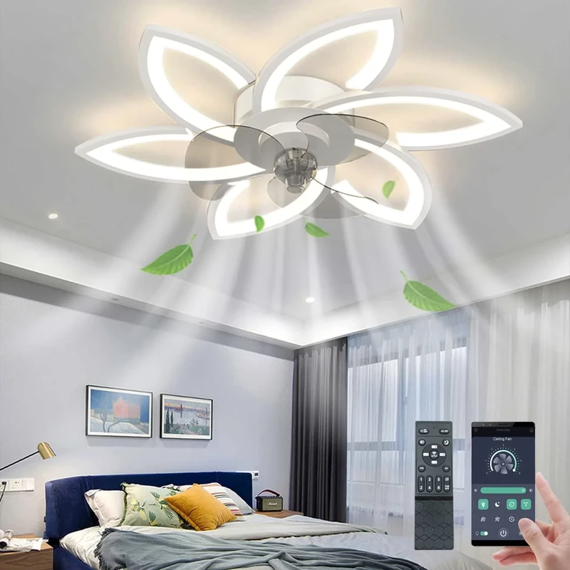 LENIVER 30" Ceiling Fan with Lights Remote Control, Modern Low Profile Flush Mount Ceiling Fan with Lights， Dimmable Ceiling Fans 3 Color 6 Speed for Bedroom Living Dining Room Kitchen - White
