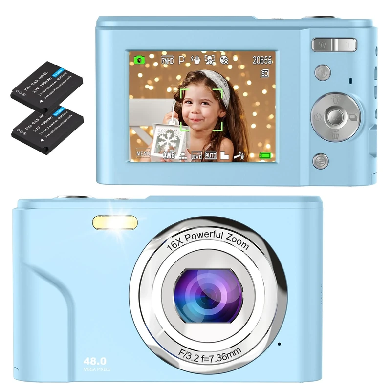 Bofypoo Digital Camera, 48MP & FHD 1080P, 16X Digital Zoom, Blue