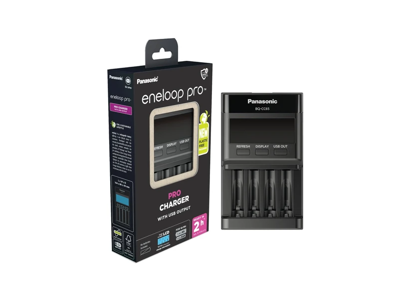 Panasonic eneloop Pro Charger with USB-Output for 1-4 AA/AAA NI-MH Batteries, with USB-Port, LCD-Display, Refreshing Function and 10 Security Functions, Black