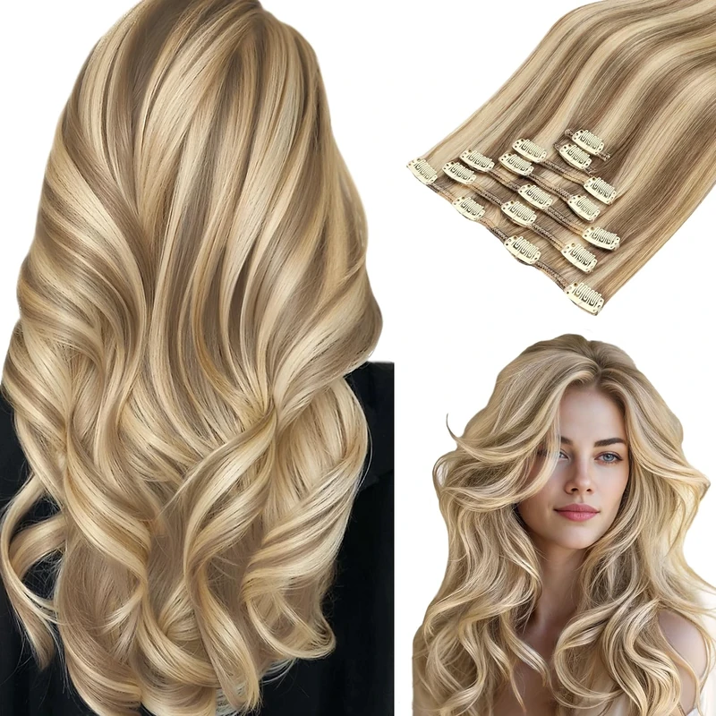hotbanana Clip in Hair Extensions, Ash Brown Highlighted Golden Blonde Clips in Hair Extension Real Human Hair Double Weft Clip in human Hair Extension Remy Hair Extensions 16 inch 120g 7pcs