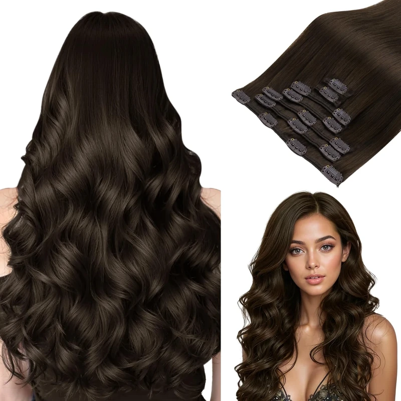 hotbanana Clip in Hair Extensions, Light Dark Brown Clips in Hair Extension Real Human Hair Double Weft Clip in human Hair Extension Straight Remy Hair Extensions 18 inch 120g 7pcs