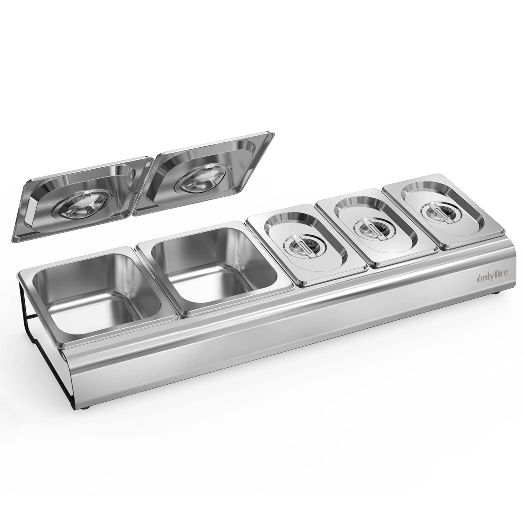 only fire Pizza Topping Station Stainless Steel Seasoning Containers with Lid, 5 Compartment Trays for Preparing Ingredients and Toppings