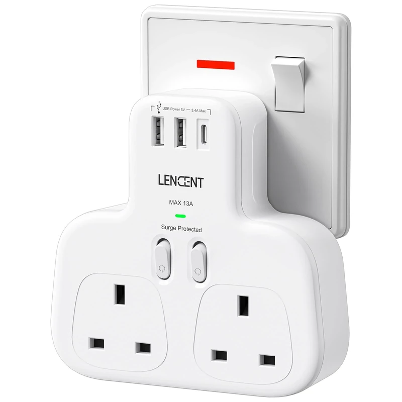 LENCENT Double Plug Adaptor with 1 USB C and 2 USB Ports, Surge Protected Multi Plug Extension Socket, 2 Way Wall Plug Extender for Household Appliances, iPhone, Smartphones, Tablets, 13A 3250W