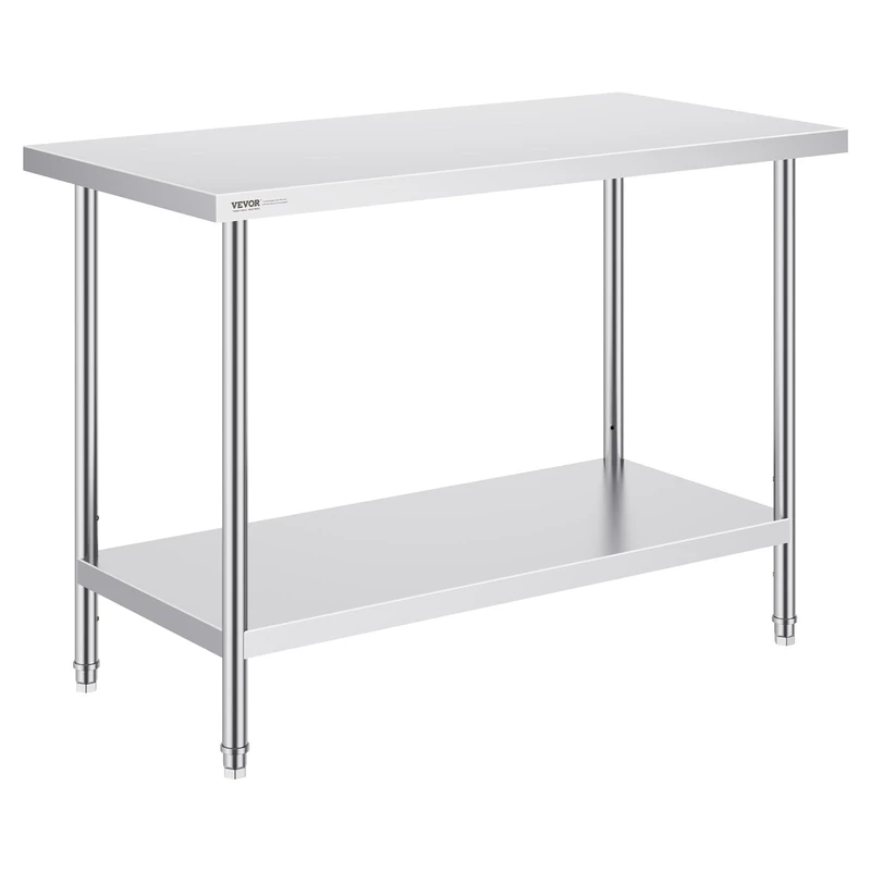 VEVOR Stainless Steel Prep Table, 48 x 24 x 34 Inch, 550lbs Load Capacity Heavy Duty Metal Worktable with Adjustable Undershelf, Commercial Workstation for Kitchen Restaurant Garage Backyard