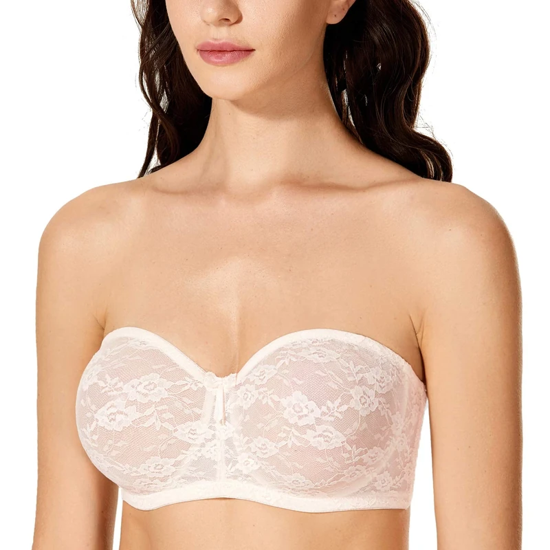 DOBREVA Women's Strapless Bras See Through Sheer Lace Non Padded Underwired Multiway Bra Rose White 42DD