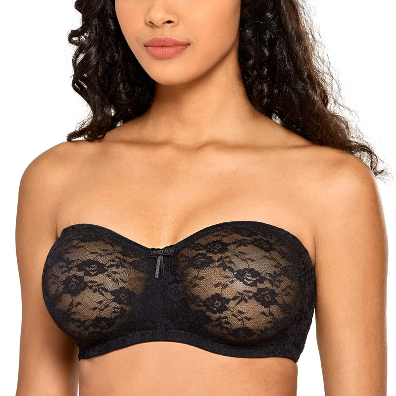 DOBREVA Women's Strapless Bras See Through Sheer Lace Non Padded Underwired Multiway Bra Black 42DD