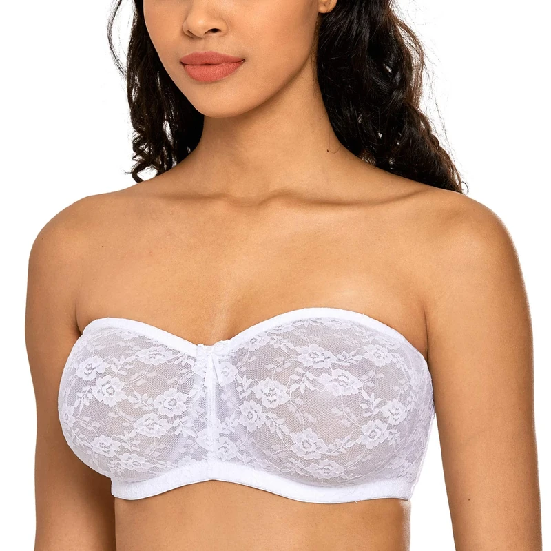 DOBREVA Women's Strapless Bras See Through Sheer Lace Non Padded Underwired Multiway Bra White 40DD