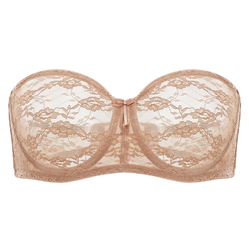 DOBREVA Women's Strapless Bras See Through Sheer Lace Non Padded Underwired Multiway Bra Natural 42DD