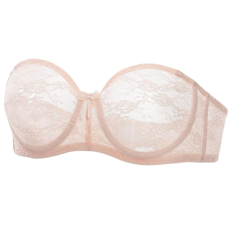 DOBREVA Women's Strapless Bras See Through Sheer Lace Non Padded Underwired Multiway Bra Apricot Pink 42C
