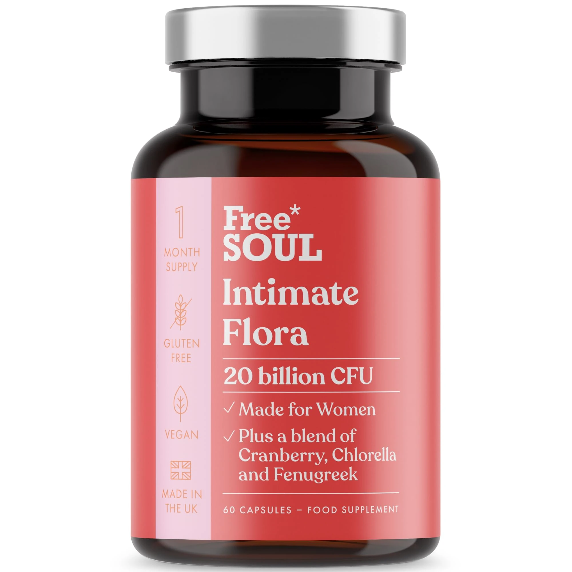 Intimate Flora for Women | 20 Billion CFU Fortified with 15,000mg Cranberry, Fenugreek & Chlorella | Bio Cultures for Women's Intimate Flora | 60 Capsules | Free Soul