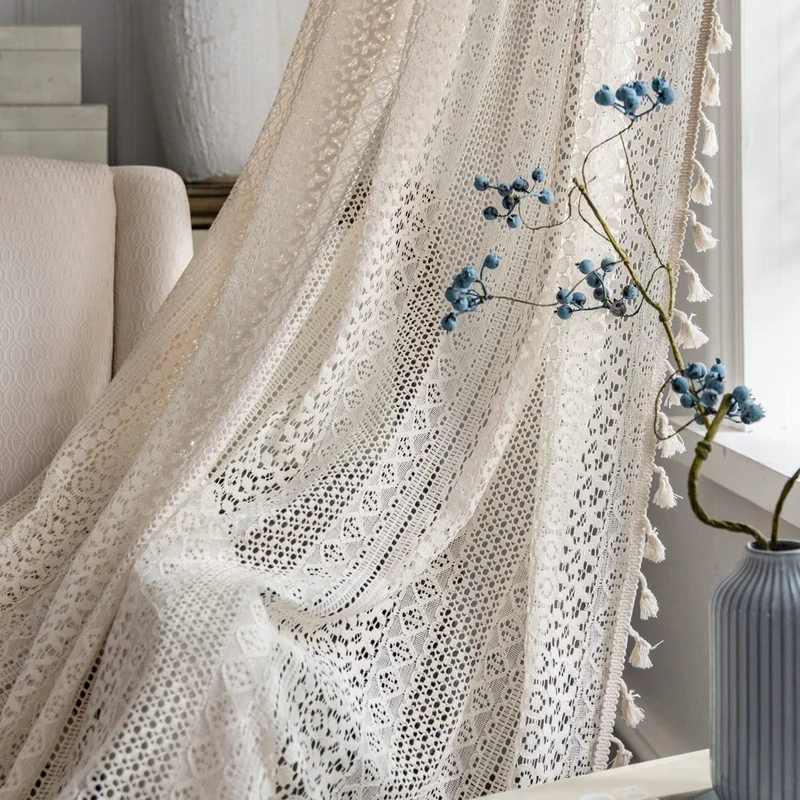 Boho Curtains for Living Room Bedroom, 84 inch Length 2 Panels Set Cotton Linen Semi Sheer Farmhouse Window Curtains with Tassels & Rod Pocket, Beige Lace Crochet Rustic Long Curtain Drapes