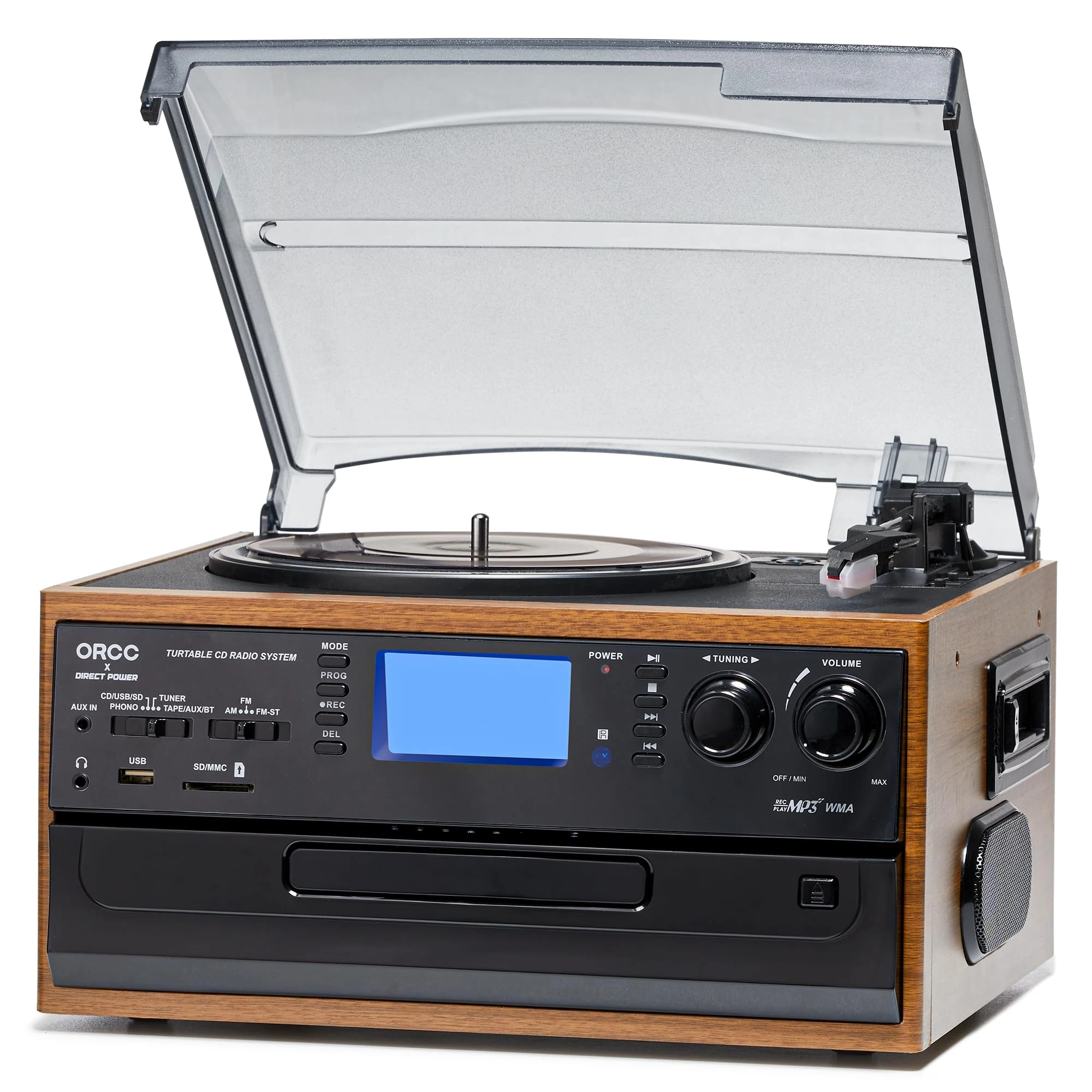 ORCC 10-in-1 Moden Record Player, with Gift Card, Vinyl Turntable for 33/45/78 RPM, CD/USB/SD Play & Record, Bluetooth & Remote Control, FM/AM Radio for Music Lovers, Brown