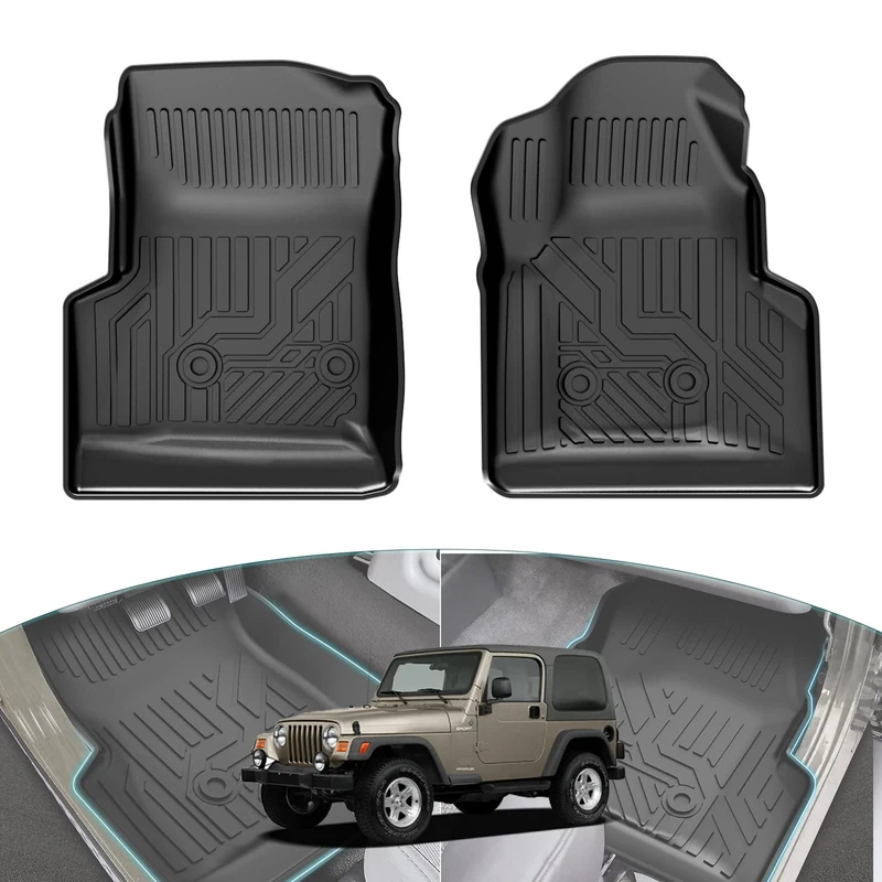 Huidnnas Jeep Wrangler TJ Floor Mats，Floor Liners for Wrangler TJ Accessories 1997-2006, TPE All Weather Protection Mat, Front Row Liner Electronic Pattern 2PCS Black