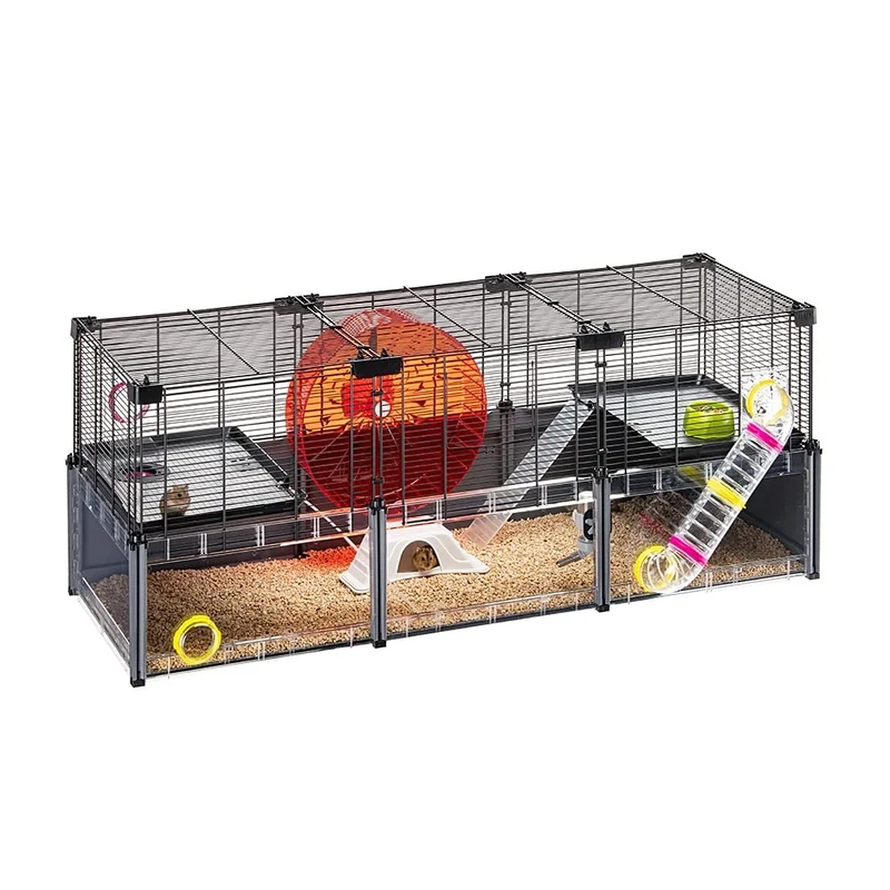 Ferplast MULTIPLA HAMSTER LARGE Hamster Cage - Customizable Multi-Level Design, Tunnel System, Extra-Large Exercise Wheel - Interactive Transparent Base - Tubes Connect&Play - 107.5x37.5xh42cm