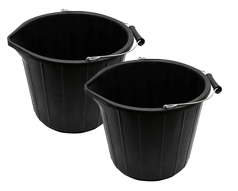 BH | 2 Pcs Black Builders Bucket | 14 Liters | Metal Handle | Plastic | Heavy Duty Water, Ideal For Home, Garden, and Other Work - By BEST HOUSE