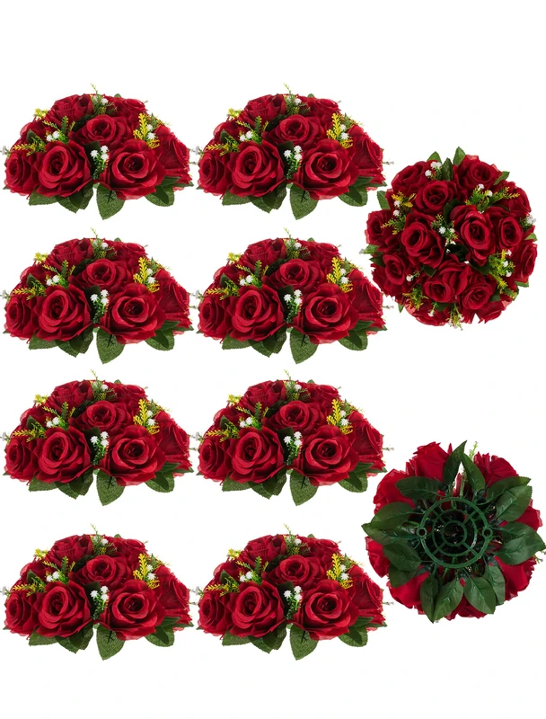 BLOSMON Flower Centerpieces for Tables Wedding 10 Pcs Crismon Fake Flowers with Base Rose Balls Arrangement Bouquet Floral Centerpiece Artificial Wedding Center Pieces of Home Party Decor - Image 1