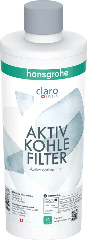 hansgrohe 76814000 Activated Carbon, Cartridge for Aqittura M91, Water, Replacement, Filter Capacity 4,000 litres at 15° dH, Multicoloured, Zubehör