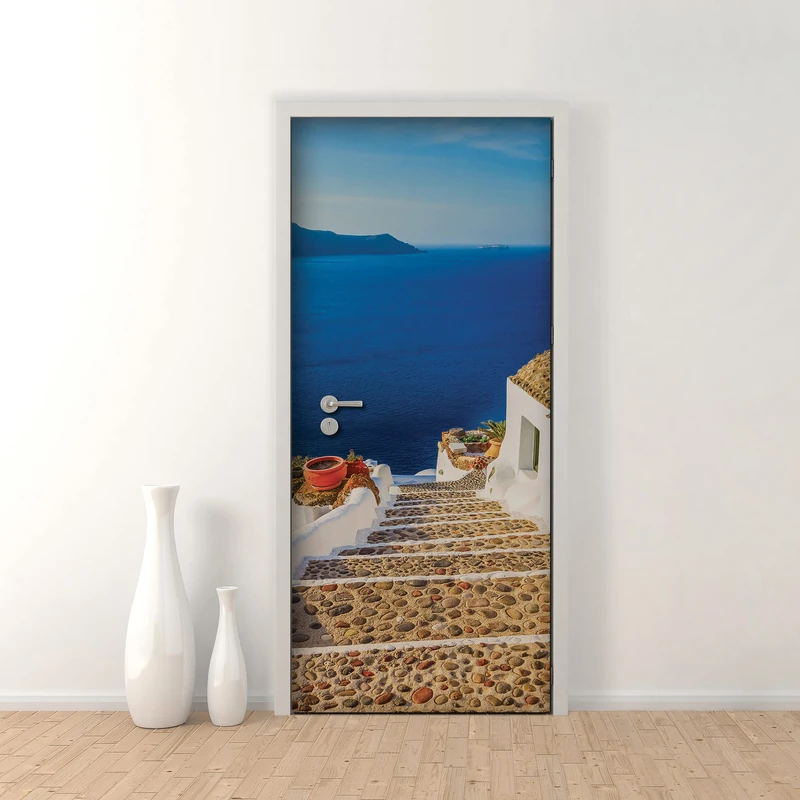Premium PVC Door Stickers, Santorini Staircase Door Cover, Easy and Bubble Free Application, Interior Door Coverings 83 x 210 Trimmable
