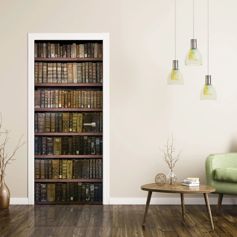 CREARREDA Premium PVC Door Stickers, Vintage Bookcase Door Cover, Easy Bubble-Free Application, Interior Door Covers 83 x 210 Removable, 20172