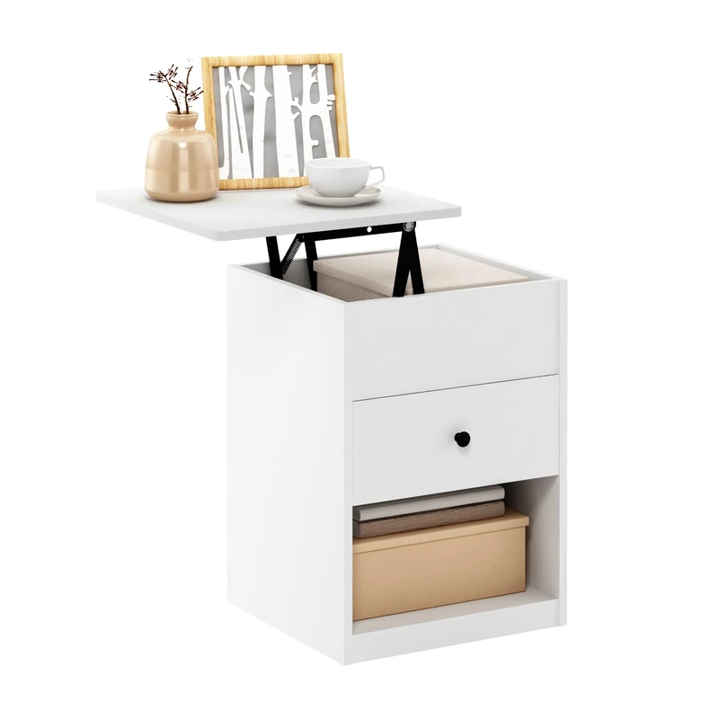 Furinno JENSEN Night Stand, Lift-Top Nightstand with Drawer, Bedside Table, End Table, Side Table with Storage Shelf, Knob Handle Drawer, for Bedroom, Living Room, Solid White