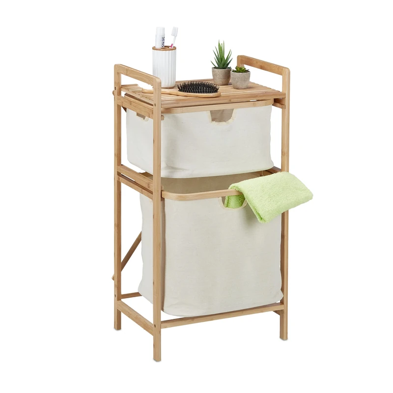 Relaxdays Bathroom Basket Shelf, Bamboo, Laundry Sorter 2 Compartments, HWD: 85 x 44 x 33 cm, Storage, Natural/Beige