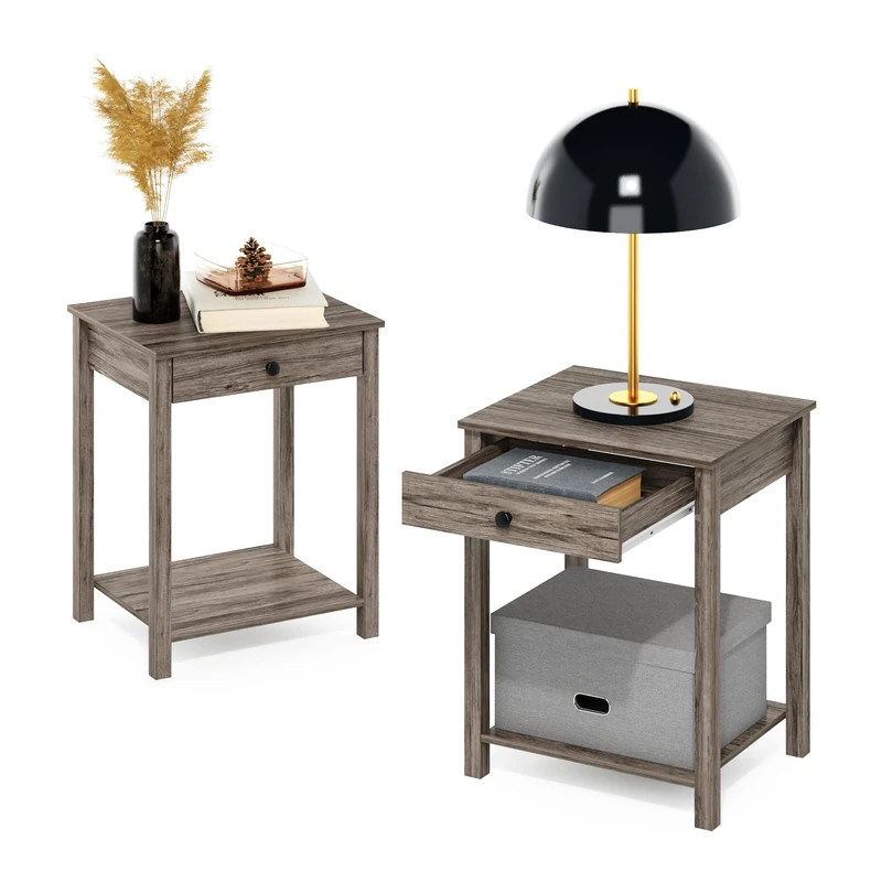 Furinno Side Table with Drawer, Engineered Wood, Rustic Oak, 2-Pack