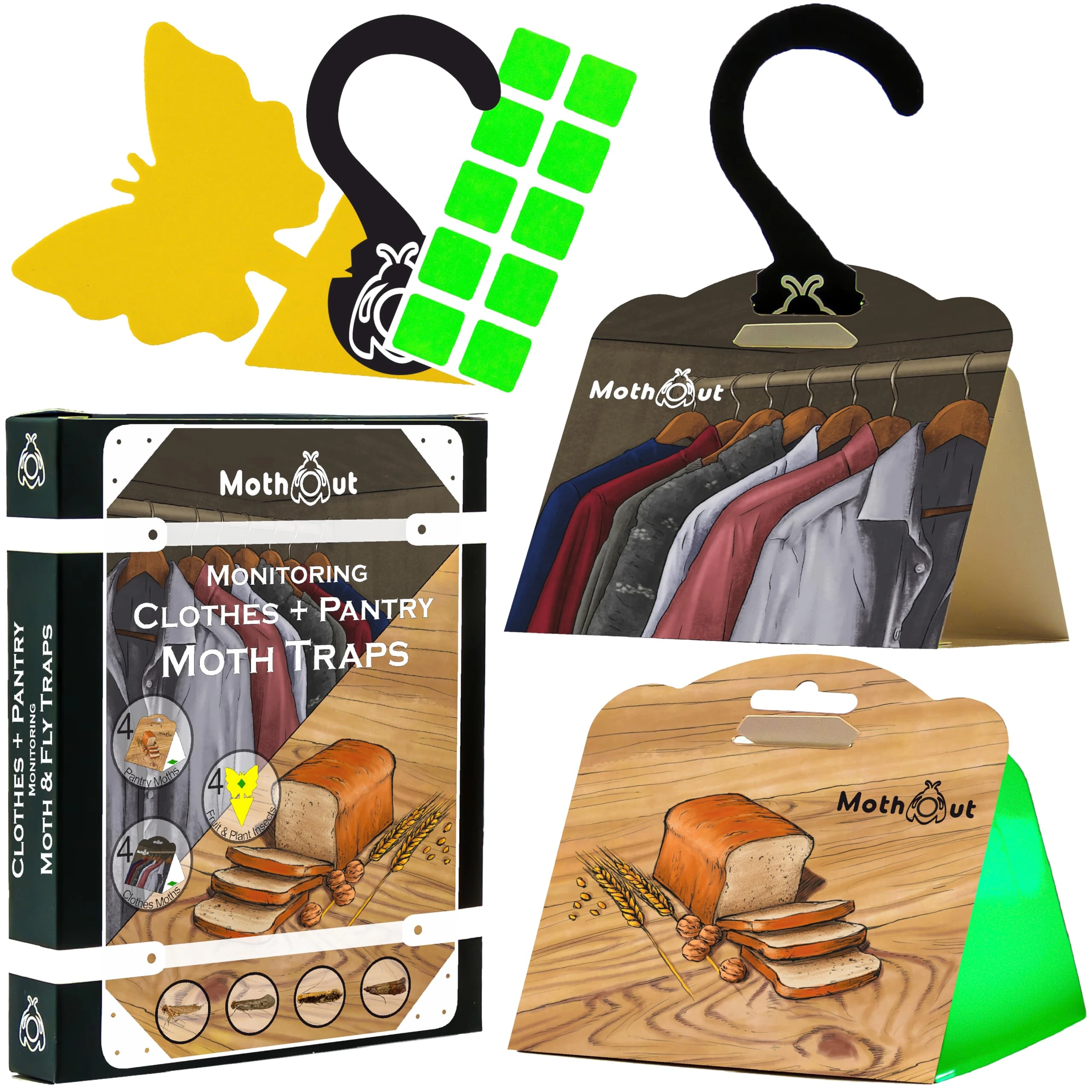 MothOut 12 Pack, 4 Pheromone Clothes & Carpet Moth Traps + 4 Indian Meal Pantry Moth Traps + 4 Fly Monitoring Trap + 10 Glowing Pads + eBook, Premium Moths Monitoring Trap for Kitchen & Wardrobe