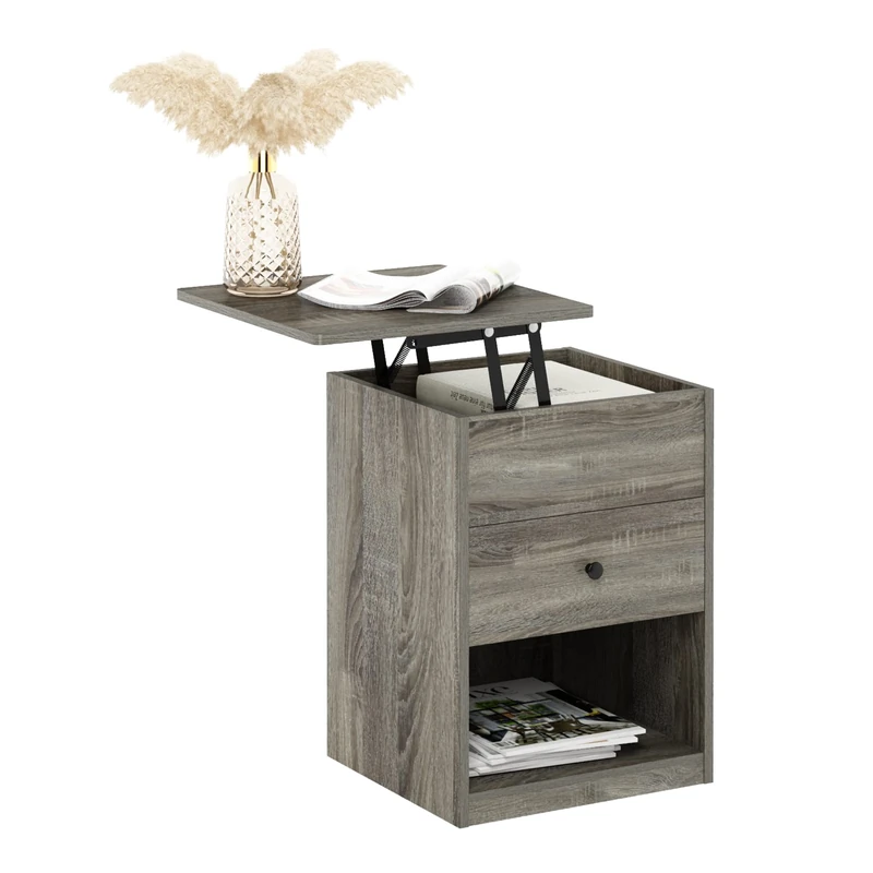 Furinno JENSEN Night Stand, Lift-Top Nightstand with Drawer, Bedside Table, End Table, Side Table with Storage Shelf, Knob Handle Drawer, for Bedroom, Living Room, French Oak Grey