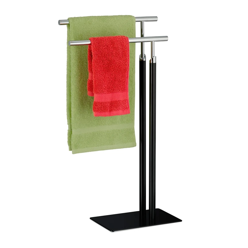 Relaxdays Free-Standing Towel Rack, 2 Rails, HxWxD 78 x 44 x 20 cm, Bathroom Stand, Clothes Valet, Steel, Black/Silver