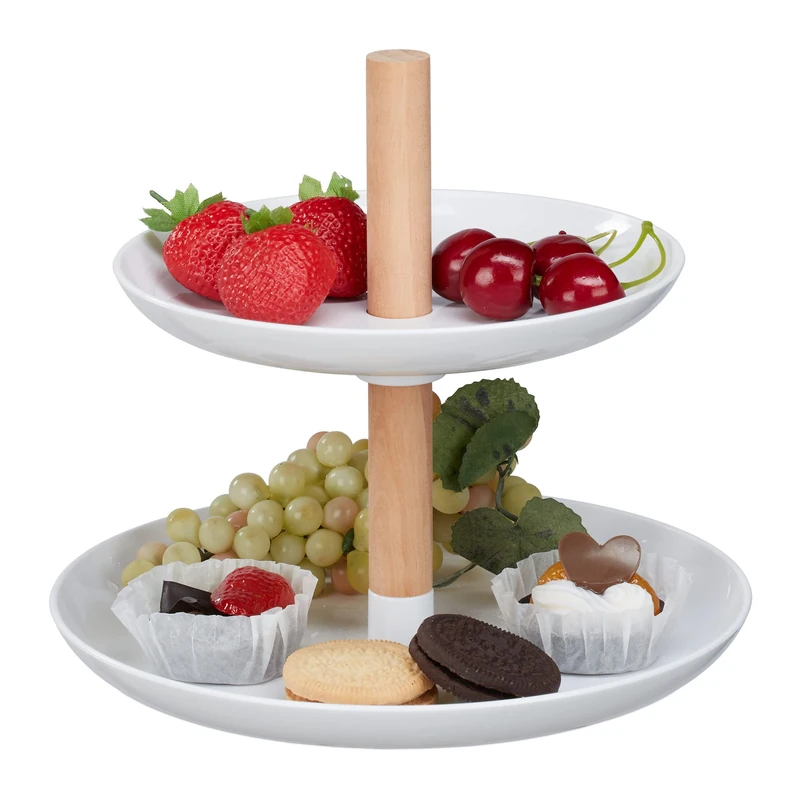 Relaxdays Etagere, 2 Tiers, Plastic & Wood, Round Serving Stand, HxD 19x21 cm, Cupcake Stand, Modern, White/Natural