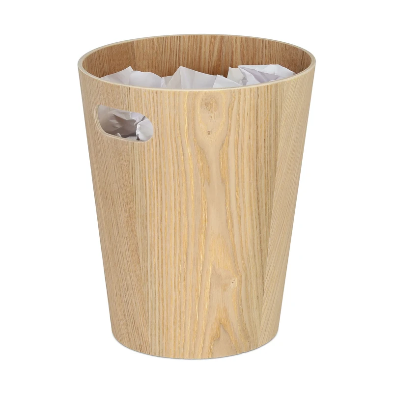 Relaxdays Wastebasket, Wastepaper Bin Wood, Round Bin with Handle, 7.5 L, H x D 28 x 23 cm, Waste Bin Office, Natural
