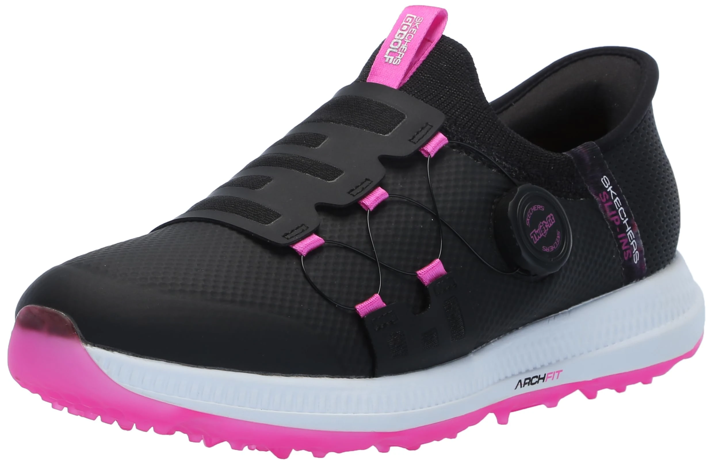 Skechers Women's Go Golf Elite 5 Arch Fit Waterproof Slip in Golf Shoe, Black/Pink, 5.5