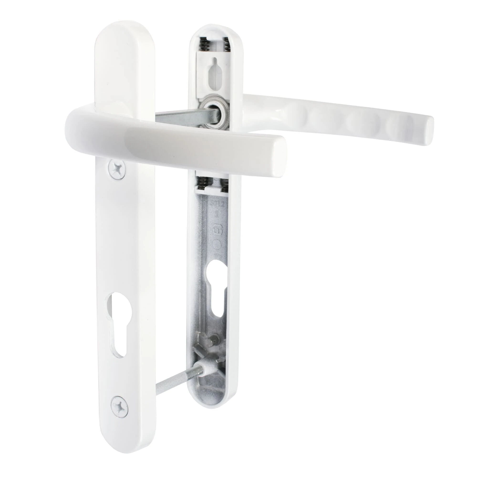 JCP uPVC Door Handle Pair, 122mm Screw Centres, 92 mm PZ Sprung Set, 220mm X 30mm Backplate, White