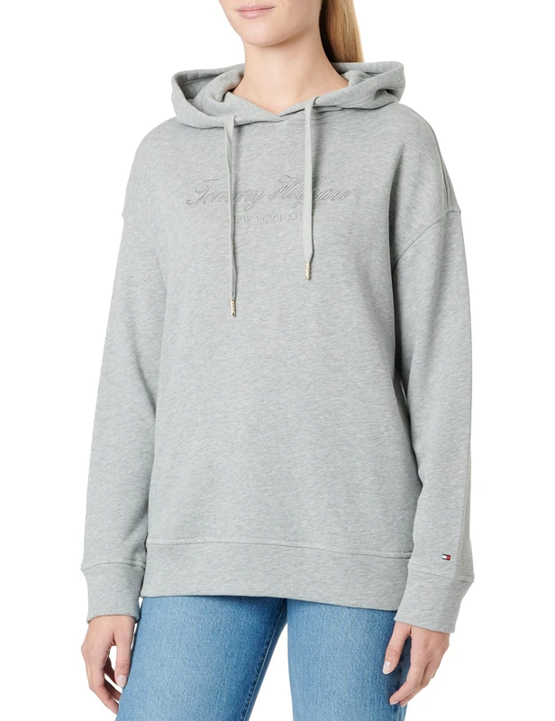 Tommy Hilfiger Women's Rlxd Long High Shine Emb Hoodie Pullover Hoody, Light Grey Heather, L - Image 1