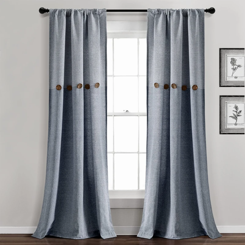 Lush Decor Farmhouse Button Stripe Yarn Dyed Woven Cotton Window Curtain Panel Pair, 84" L x 40" W, Navy