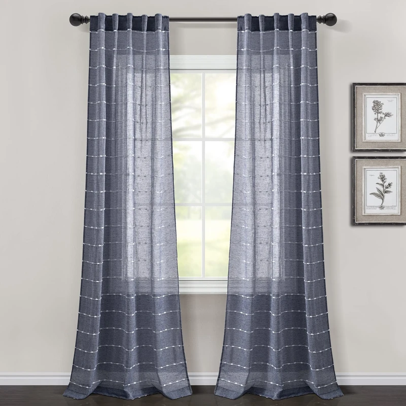 Lush Decor Farmhouse Textured Back Tab/Rod Pocket Sheer Window Curtain Panel Pair, 84" L x 38" W, Navy