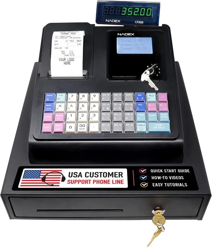 Nadex CR360 Cash Register, 4700 Lookups 50 Dept 50 Clerks, Quick Load Thermal Printer, Compact Size, Cash and Coin Drawer, Black - Image 1