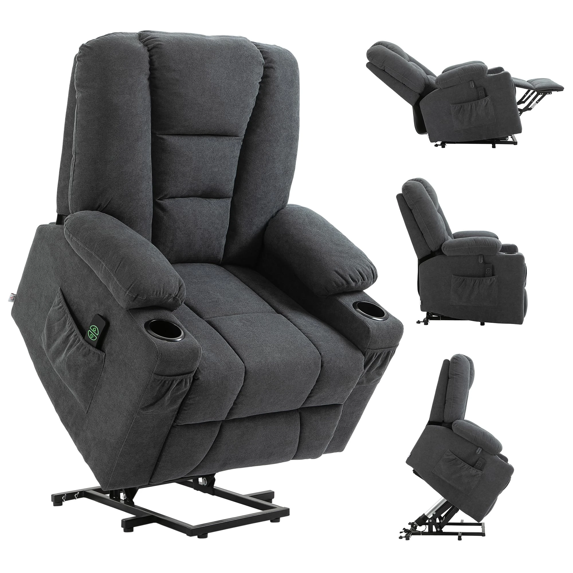 HOMCOM Oversized Riser and Recliner Chairs for the Elderly, Fabric Upholstered Lift Chair for Living Room with Remote Control, Side Pockets, Cup Holder, Charcoal Grey