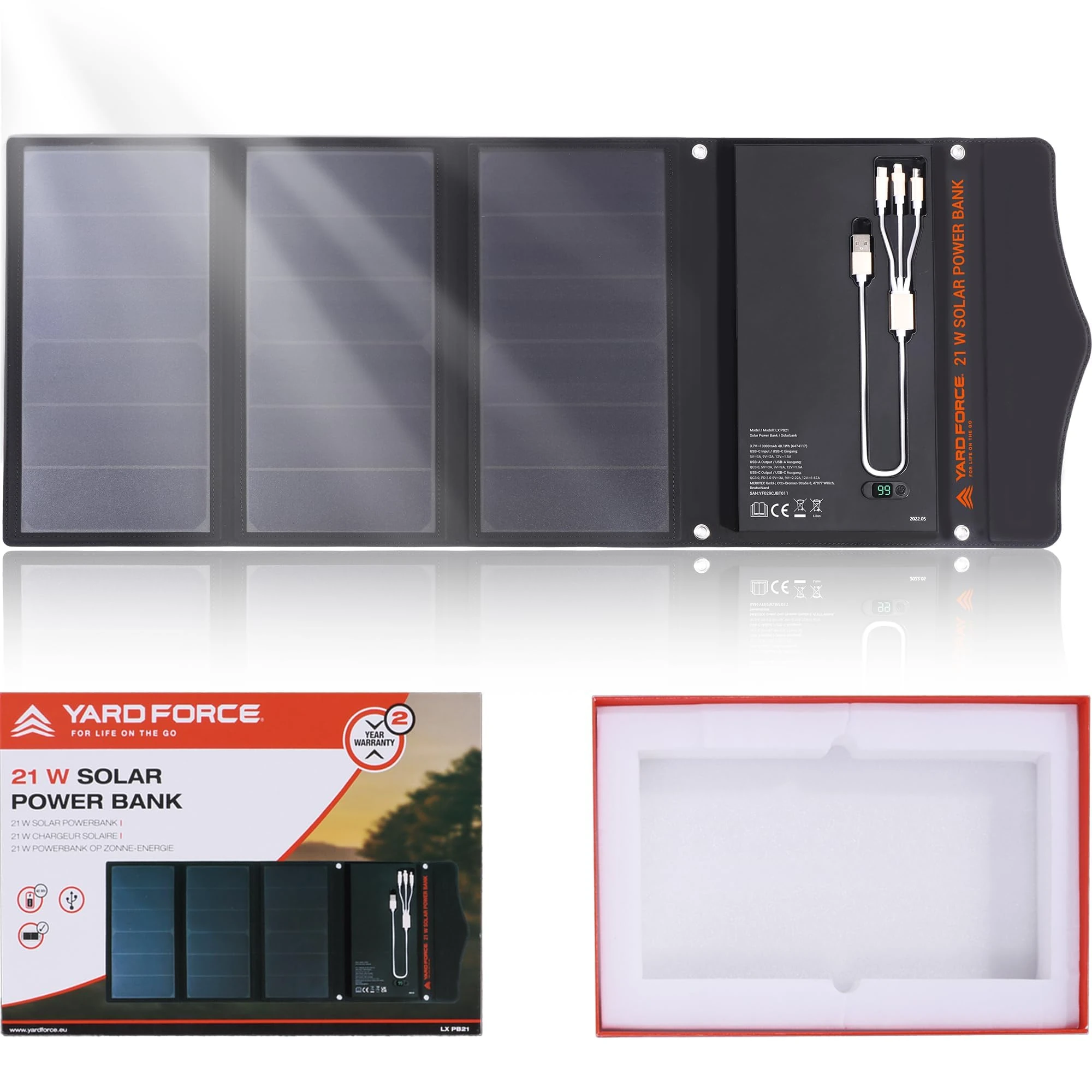 Yard Force 21W/12V Li-ion, Portable Solar Power Bank with Foldable Panel and 2 USB outputs for Hiking, Backpacking, and Outdoor Activities - LX PB21