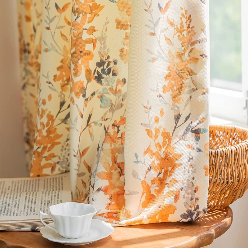 SUOUO Chenille Floral Curtains for Bedroom Dining Living Room Grey Botanical Room Darkening Window Drapes Set Grommet 2 Panels 84 Inch Length Watercolor Leaf Orange