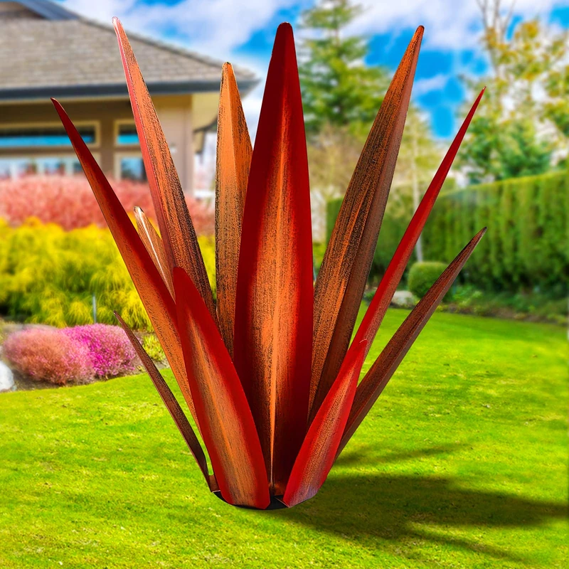 KODIBO Large Tequila Rustic Metal Agave Plants for Outdoor Patio, Home Decor Hand Painted Garden Statue, Lawn Ornaments Yard Stake (Red - L)