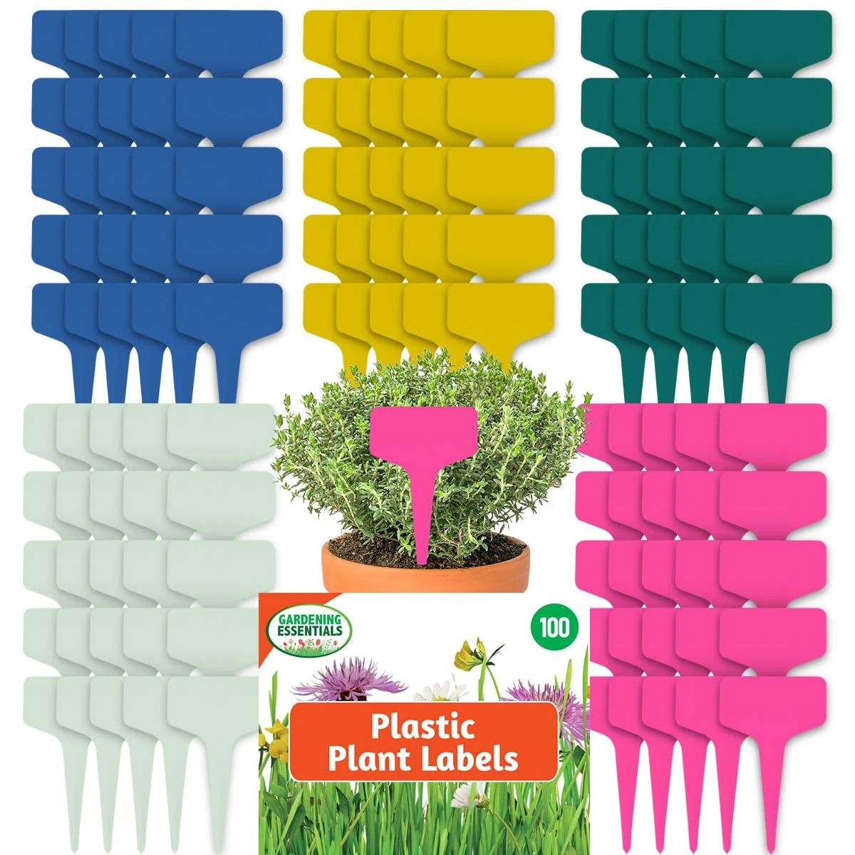 SOL 100pk Plastic Coloured Plant Labels for Outdoor, 10cm x 6cm Multicolour T Plastic Plant Label for Naming Plants, Durable Garden Tags, Reusable Seed Markers, Flexible & Easy to Insert & Write On
