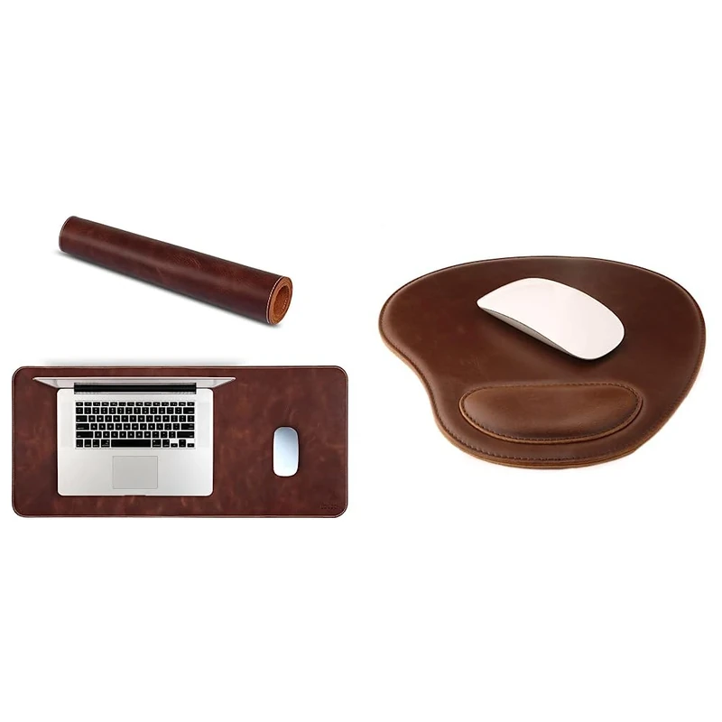LONDO Genuine Leather Extended Mouse Pad - Brown & Leather Oval Mouse Pad with Wrist Rest (Dark Brown)