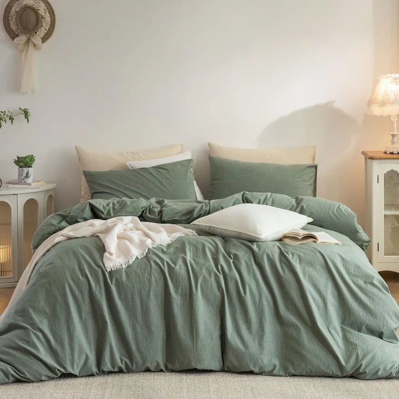 Elimmo Duvet Cover King : 100% Washed Cotton Linen Like Comfy