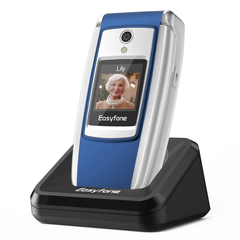 Easyfone T300 4G SIM-Free Flip Mobile Phone for Seniors, 2.4'' HD Display, Big Fonts & Buttons, Clear Sound, SOS Button, 1500mAh Battery with a Charging Dock (Blue)