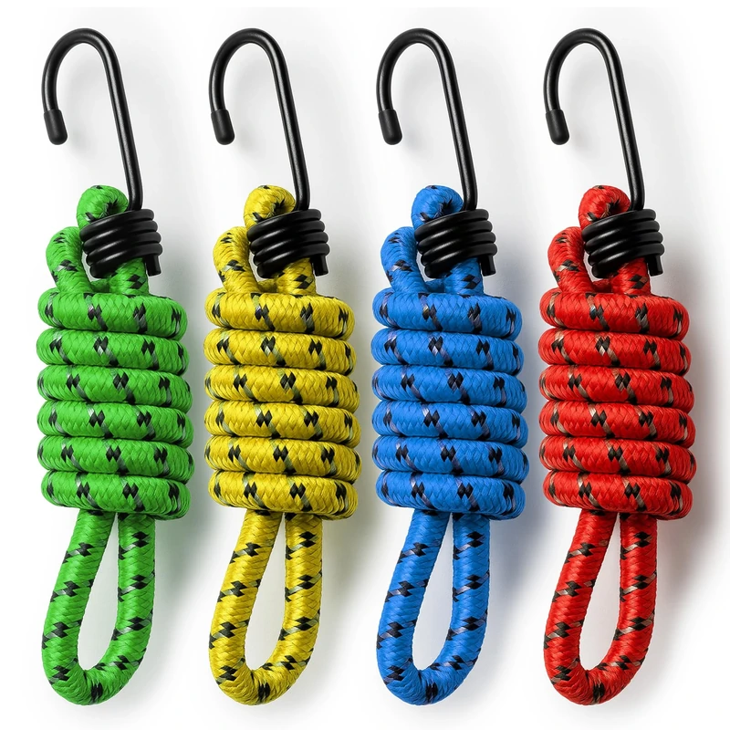SOL 4pk Long Bungee Cords with Hooks – 75cm Strong Elastic Straps for Securing Loads, Durable, Weather-Resistant, Stretchable Bungees for Outdoor, Camping, Truck, Motorcycle & Bike Use