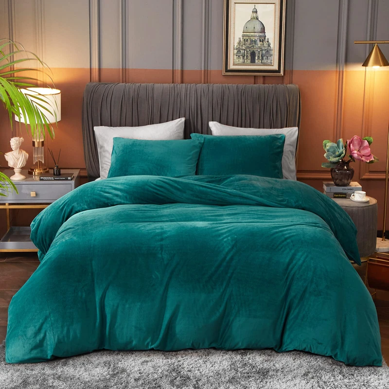 Ivellow Velvet Flannel Duvet Cover King Size Peacock Blue Comforter Cover Set Ultra Soft Breathable Cozy Velour Duvet Solid Luxury Bedding Set Zipper Closure Corner Ties