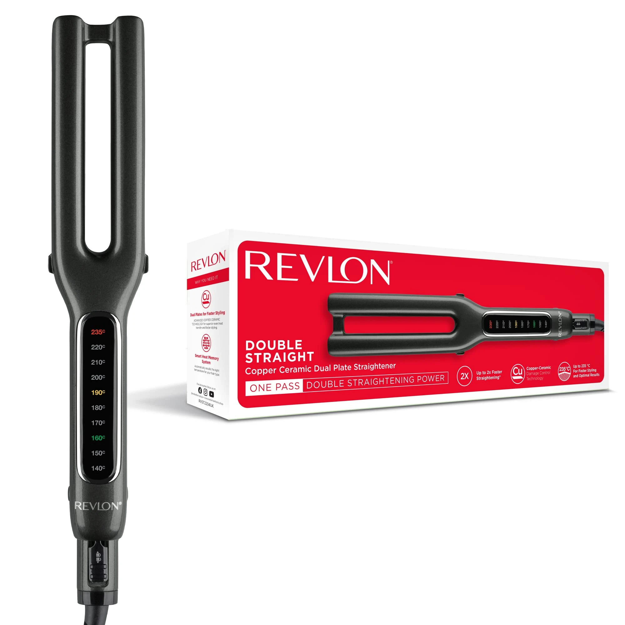 Revlon Double Straight (Dual Plate Design, Advanced Copper Ceramic Technology, LED Display, Smart Heat Memory System, 10 Heat Settings up to 235°C) RVST2204UK