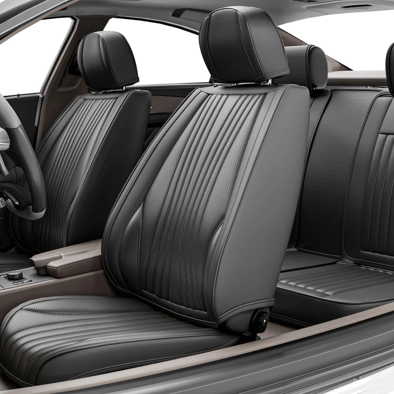 FEELON 5 Pieces LB Front and Rear Car Seat Covers, Waterproof Nappa Leather Full Set Car Seat Protectors with Headrests, Universal Auto Interior Fit for Sedans SUV Pick-up Truck, Black